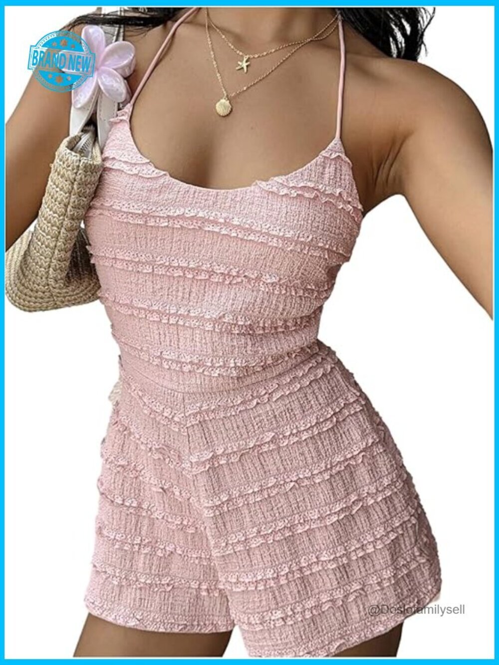 Ruffle Tiered Halter Romper Tie Backless Summer One Piece Sleeveless Jumpsuit